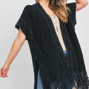 NWOT Chic Black Fringe Open Front Sweater
